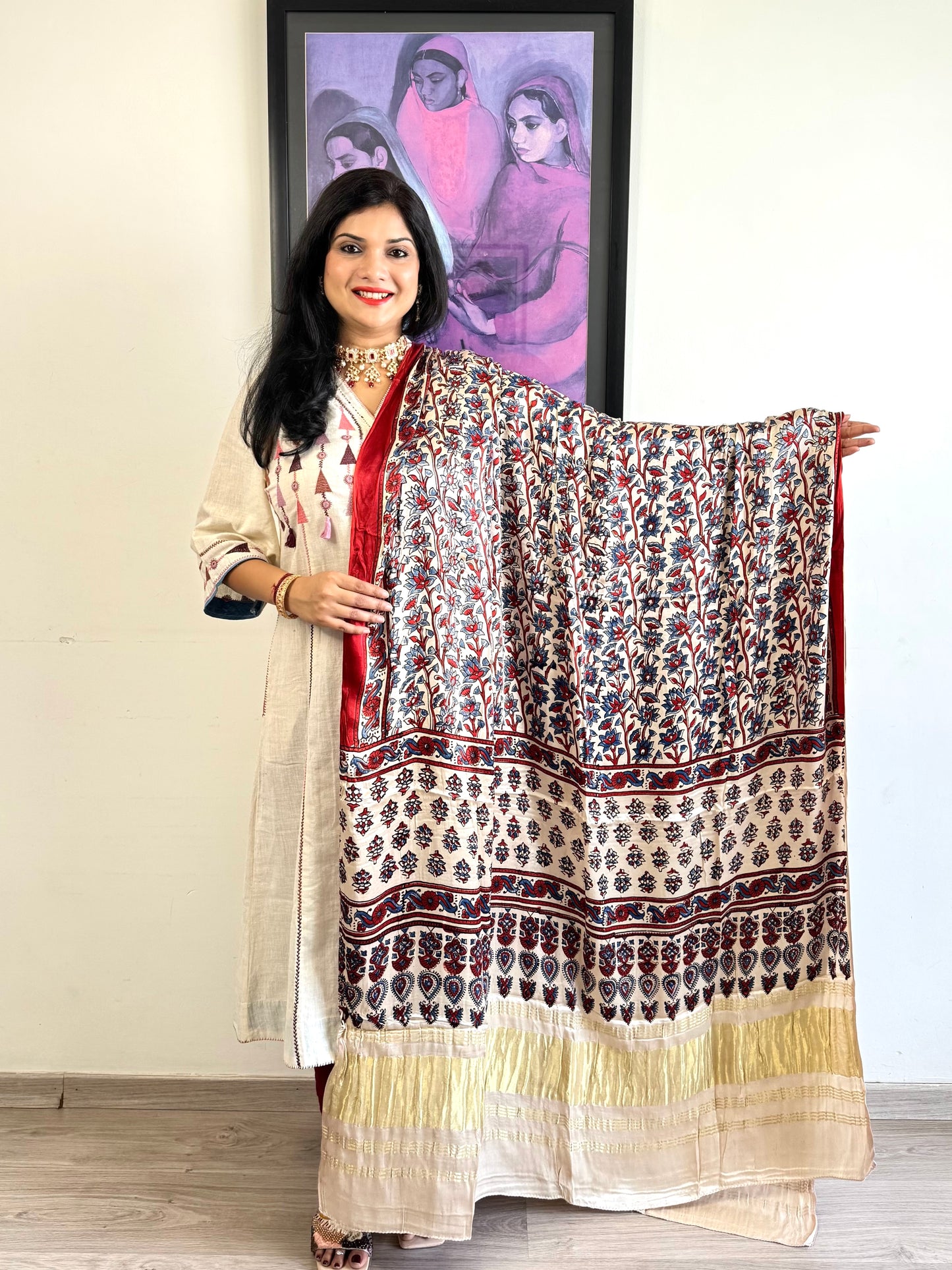 Modal Silk Ajrakh Dupatta ~ Ivory White Flower Motif w/ Zari