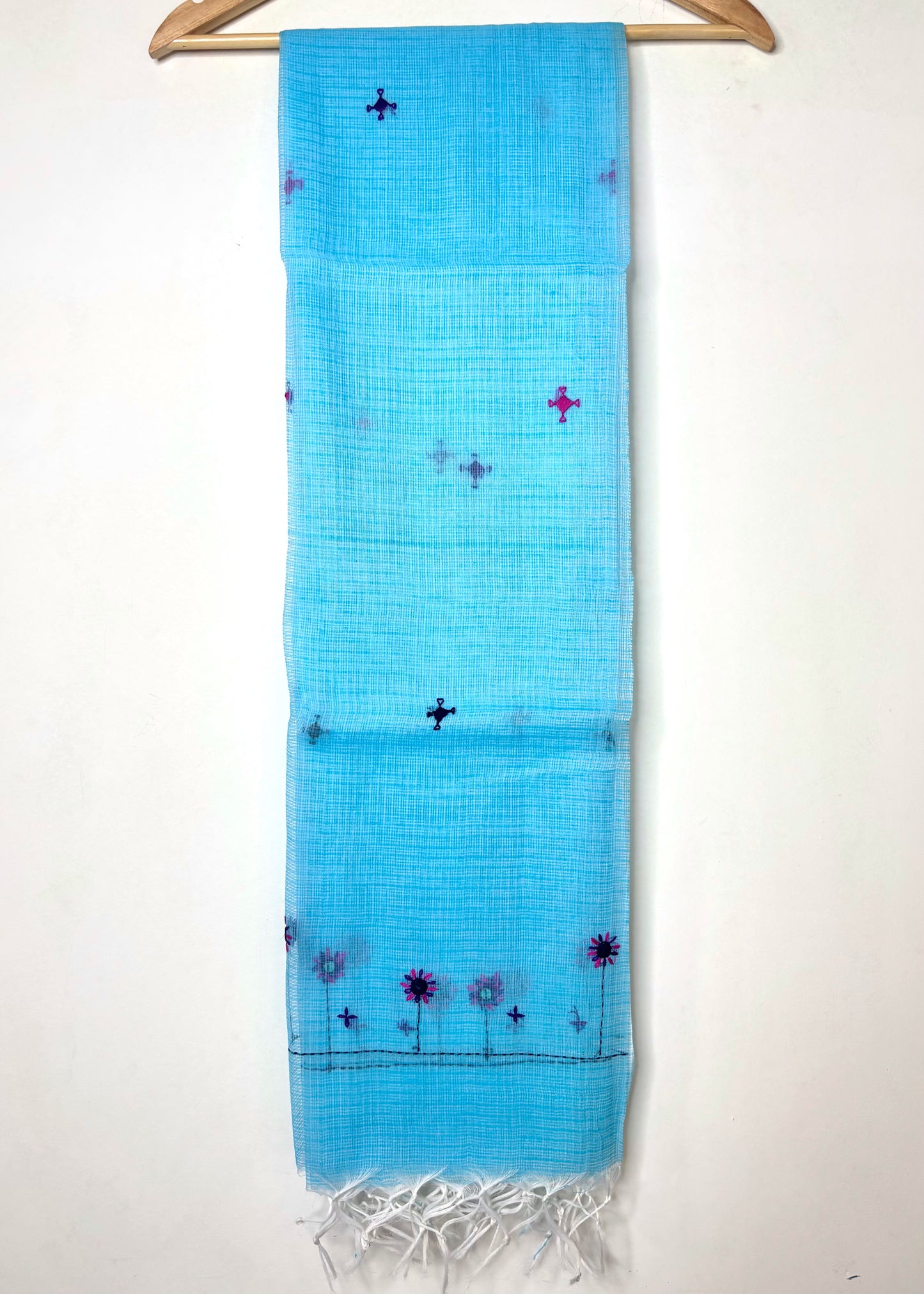 Kota Doria Hand Embroidered Dupatta ~ Aqua blue w/ pink flowers