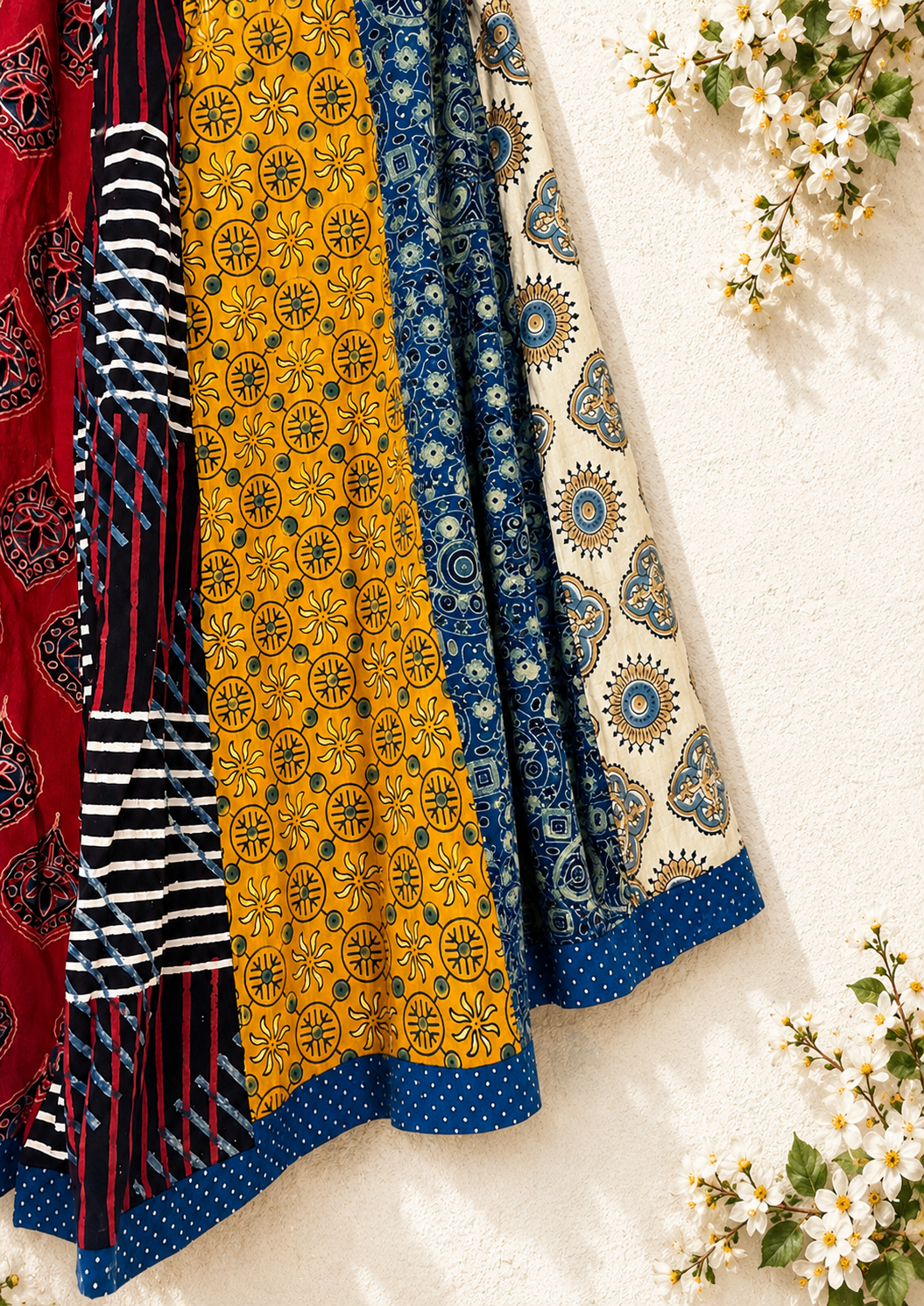 🌻Navrang ~ Ajrakh Long Skirt ~ Multicolor w/ Mosaic Motifs