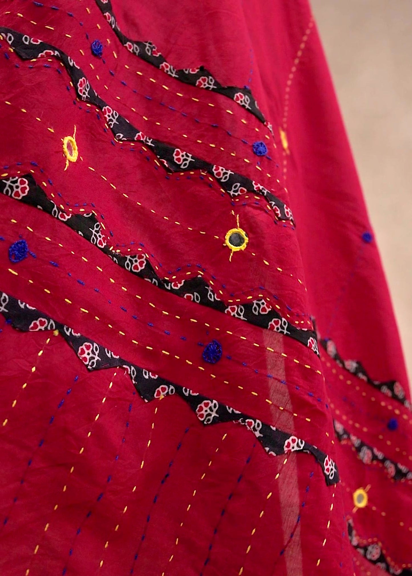 Ajrakh Applique & Kantha Embroidered Dupatta ~ Deep Red with Kantha Work