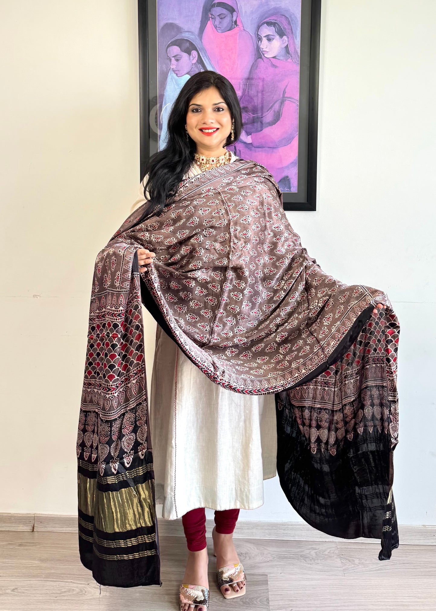 Modal Silk Ajrakh Dupatta ~ Metallic Grey Fish Scale motif w/ Zari