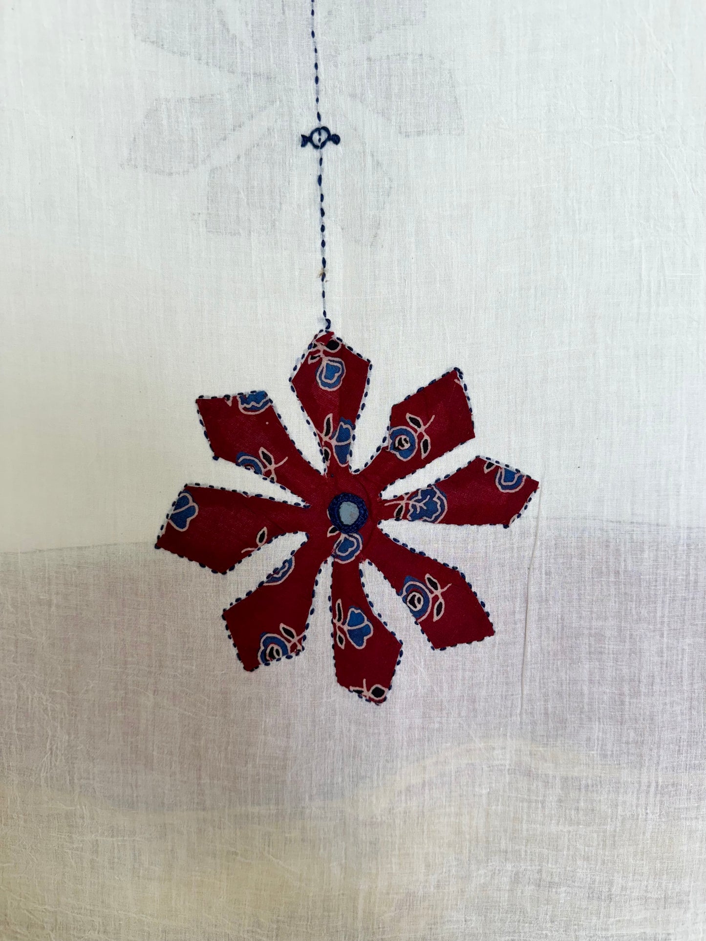 Ajrakh Applique & Kantha Embroidered Dupatta ~ White, Blue & Yellow