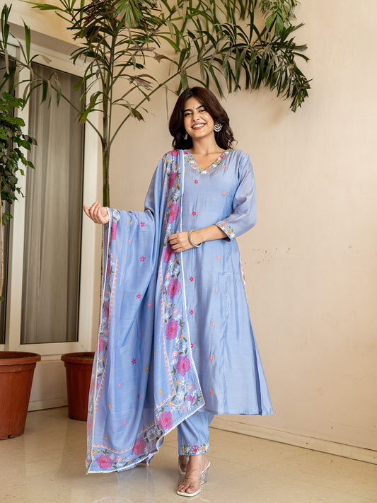 Meher𓂃 ོ☼𓂃Chanderi Silk Suit Sets, Sky Blue