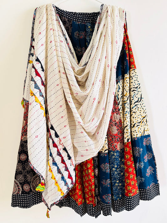 ✨Garba nu Ghoomie ~ Ajrakh Lehenga and Dupatta Set ~ White w/ Multicolor