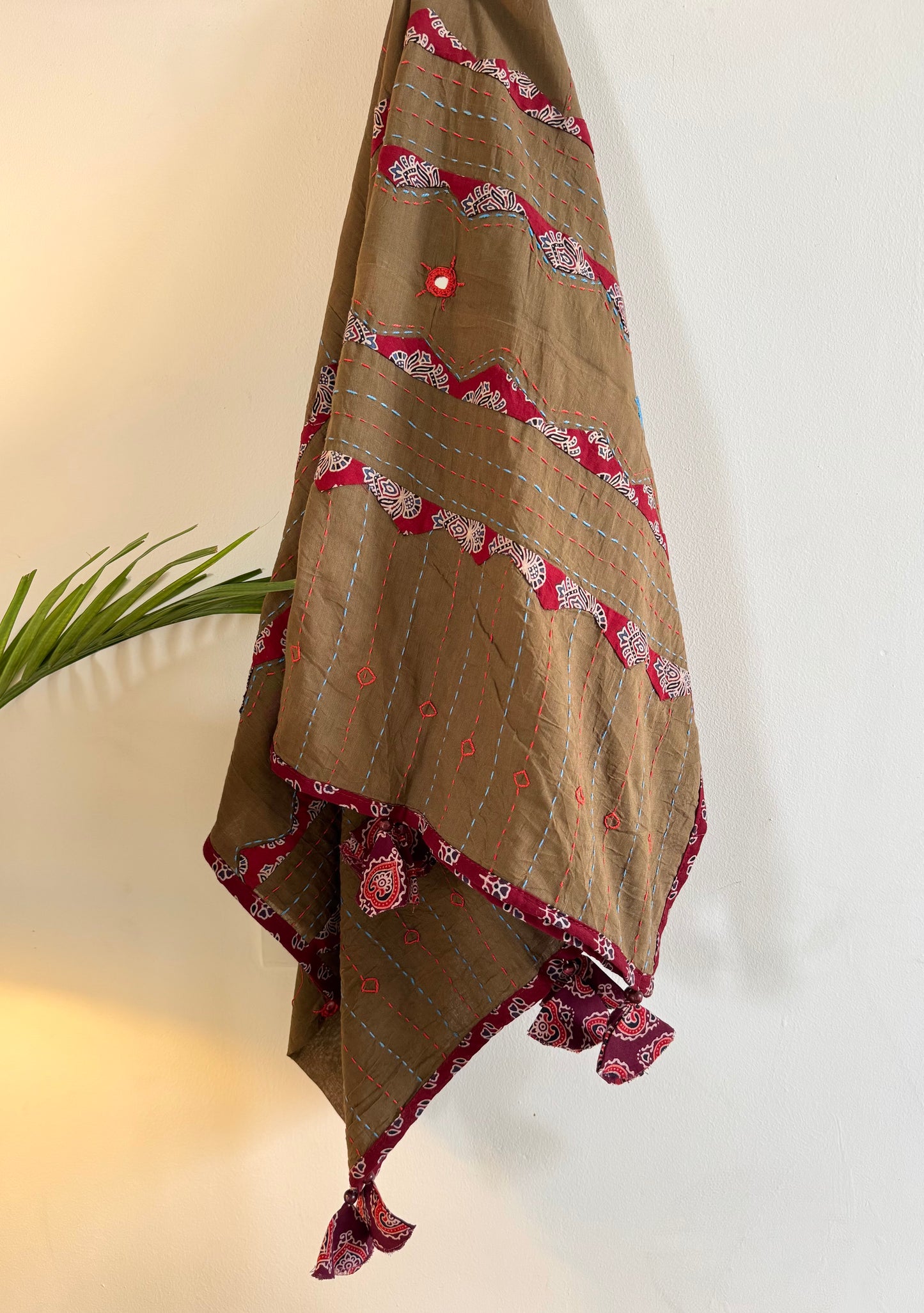 Ajrakh Applique & Kantha Embroidered Dupatta ~ Coco with Red Patchwork