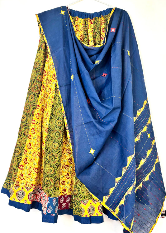 🌻Navrang ~ Ajrakh Skirt and Dupatta Set ~ Yellow & Blue w/ multicolor border