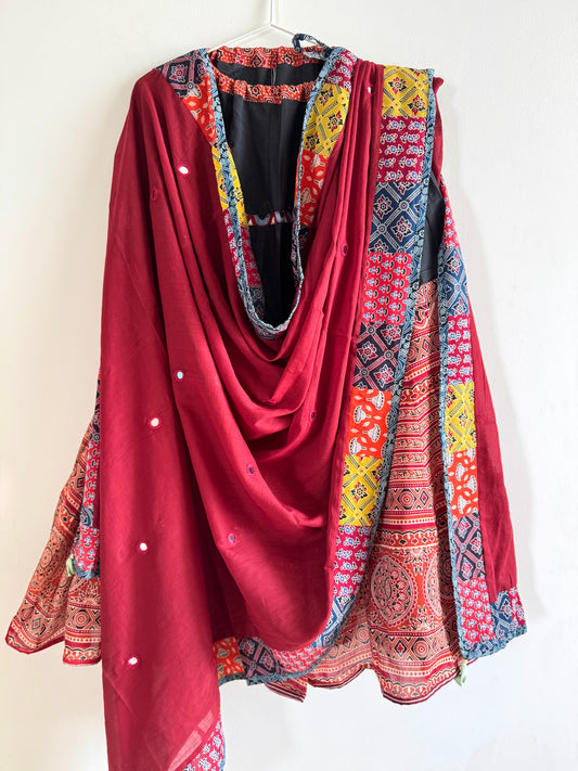 ✨Garba nu Ghoomie ~ Ajrakh Lehenga and Dupatta Set ~ Deep Red w/ Black