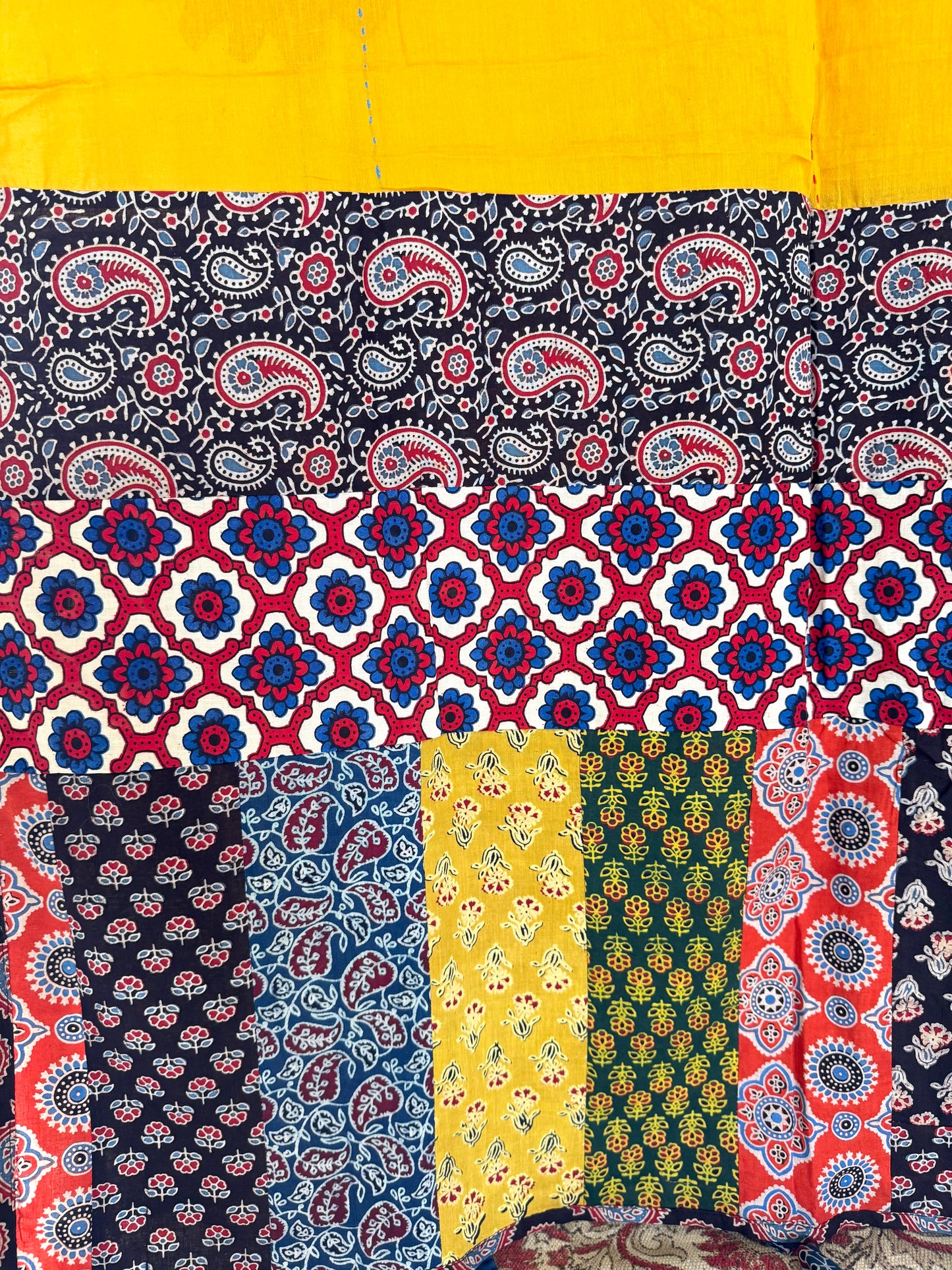 𓂃ོ⋆☀︎𓂃ᨒོ Ajrakh, Applique & Kantha Embroidered Dupatta ~ Yellow w/ Black flowers 𑁍ࠬ