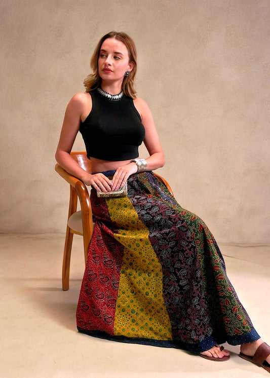🌻Navrang ~ Ajrakh Handcrafted Lehengas ~ Multicolor Pleads w/ blue polka border