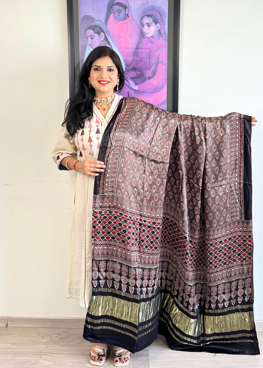 Modal Silk Ajrakh Dupatta ~ Metallic Grey Fish Scale motif w/ Zari