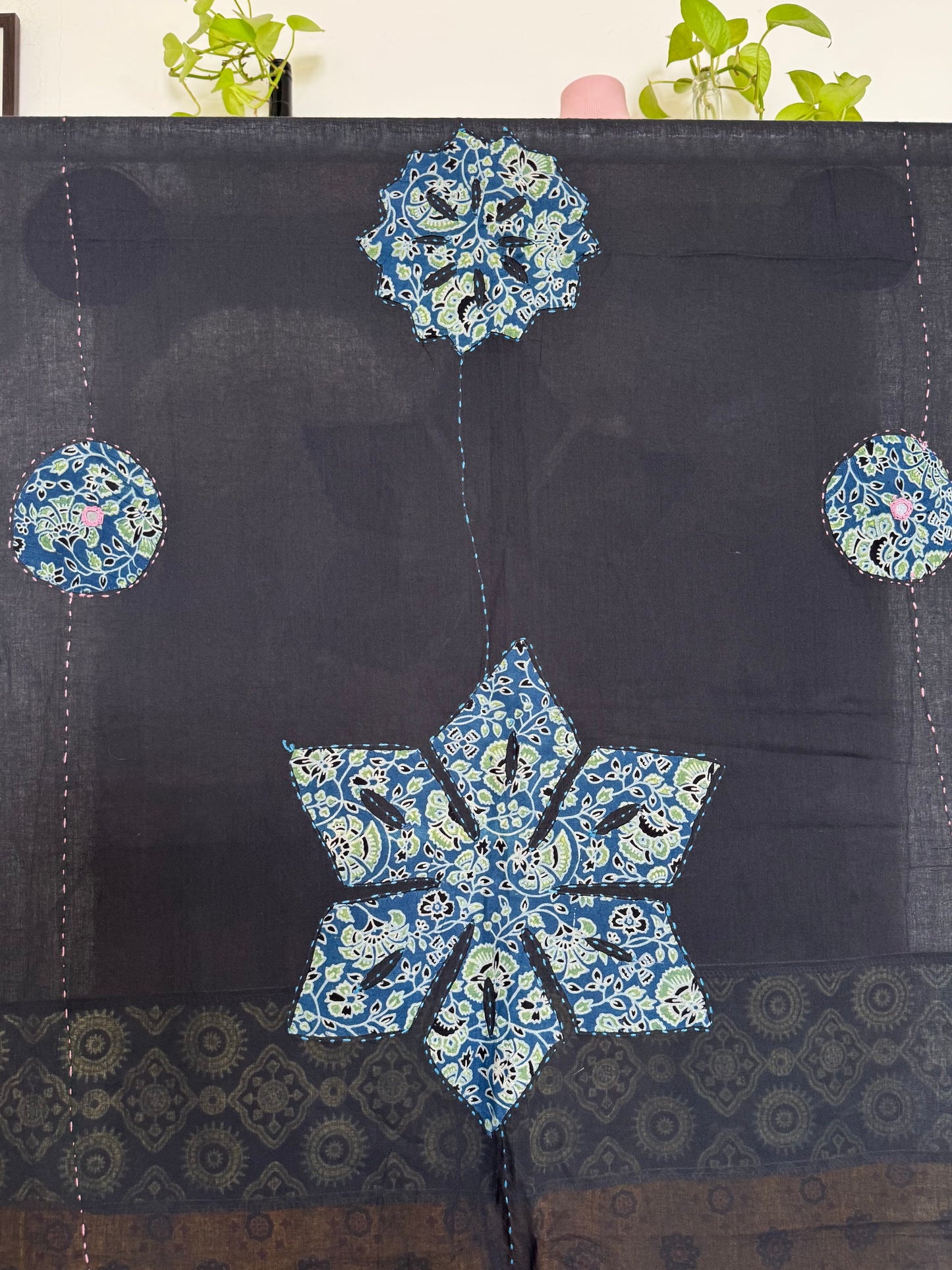 𓂃ོ⋆☀︎𓂃ᨒོ Ajrakh, Applique & Kantha Embroidered Dupatta ~ Black with Blue Crystals𑁍ࠬ