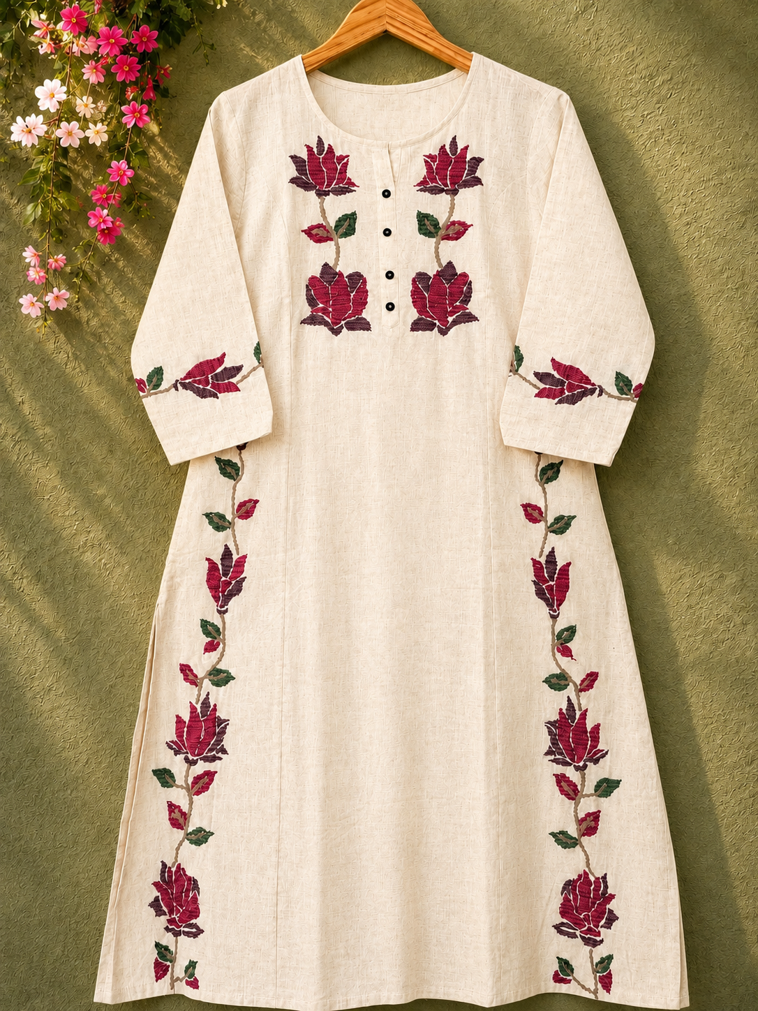 Saanjh 𓂃 ོ☼𓂃 Khadi Cotton Embroidered Cord Set ~ Crimson Pink Lotus