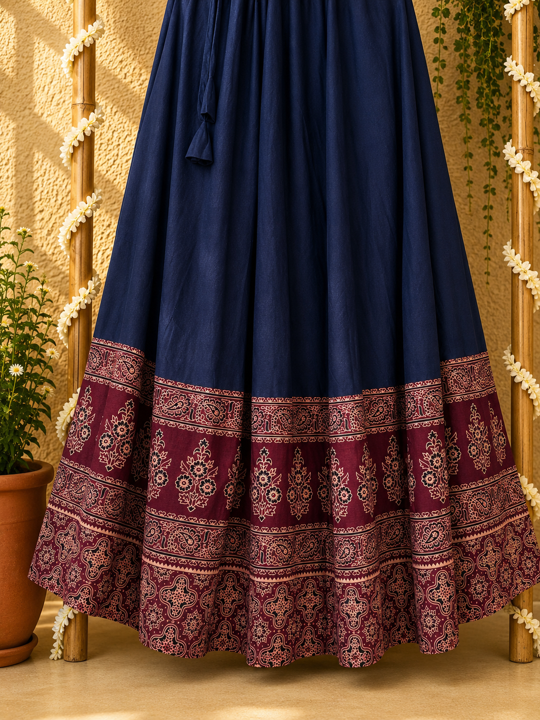 ⚜ Dharohar ~ Navy Blue & Brick Red Ajrakh Lehenga & Dupatta Set