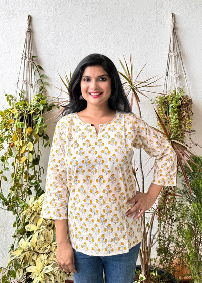 Morning Glory ~ Yellow and White Handblock Kurti