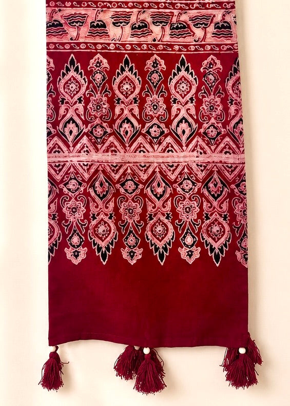 Raahi🌻Ajrakh Cotton Stoles ~ Deep red w/ floral motifs