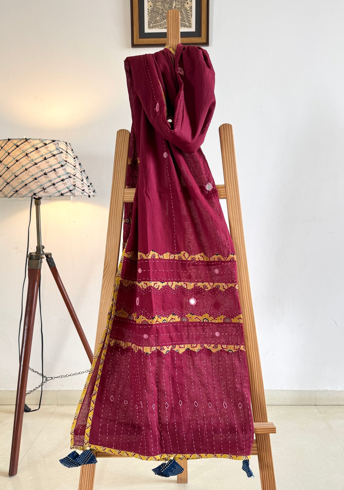 Ajrakh Applique & Kantha Embroidered Dupatta ~ Deep Red with Yellow Kantha Work