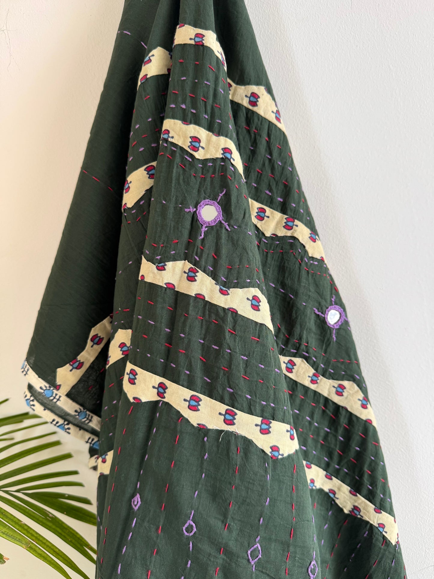 Ajrakh Applique & Kantha Embroidered Dupatta ~ Olive Green & Cream