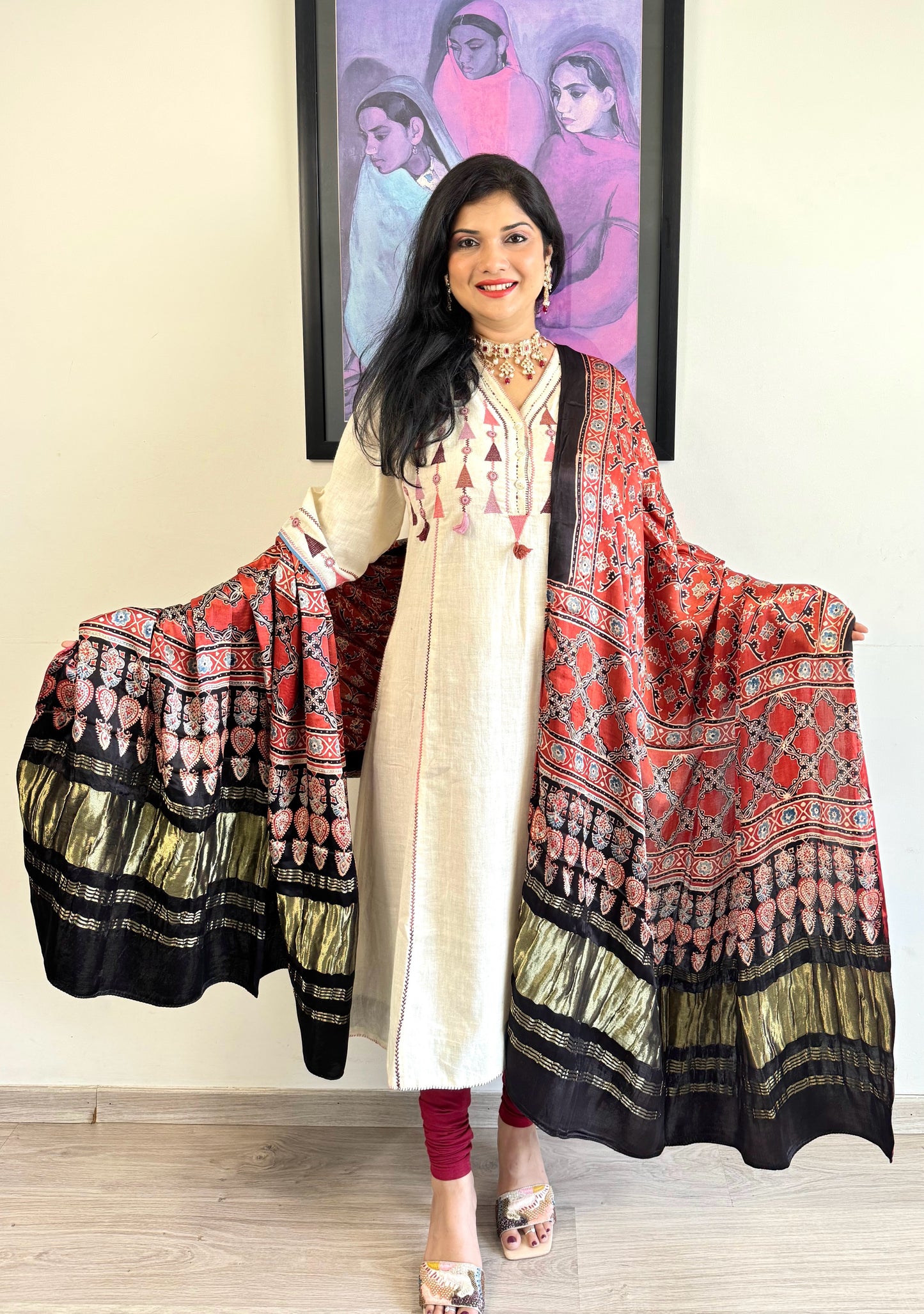 Modal Silk Ajrakh Dupatta ~ Brick Red Vine Motif w/ Zari