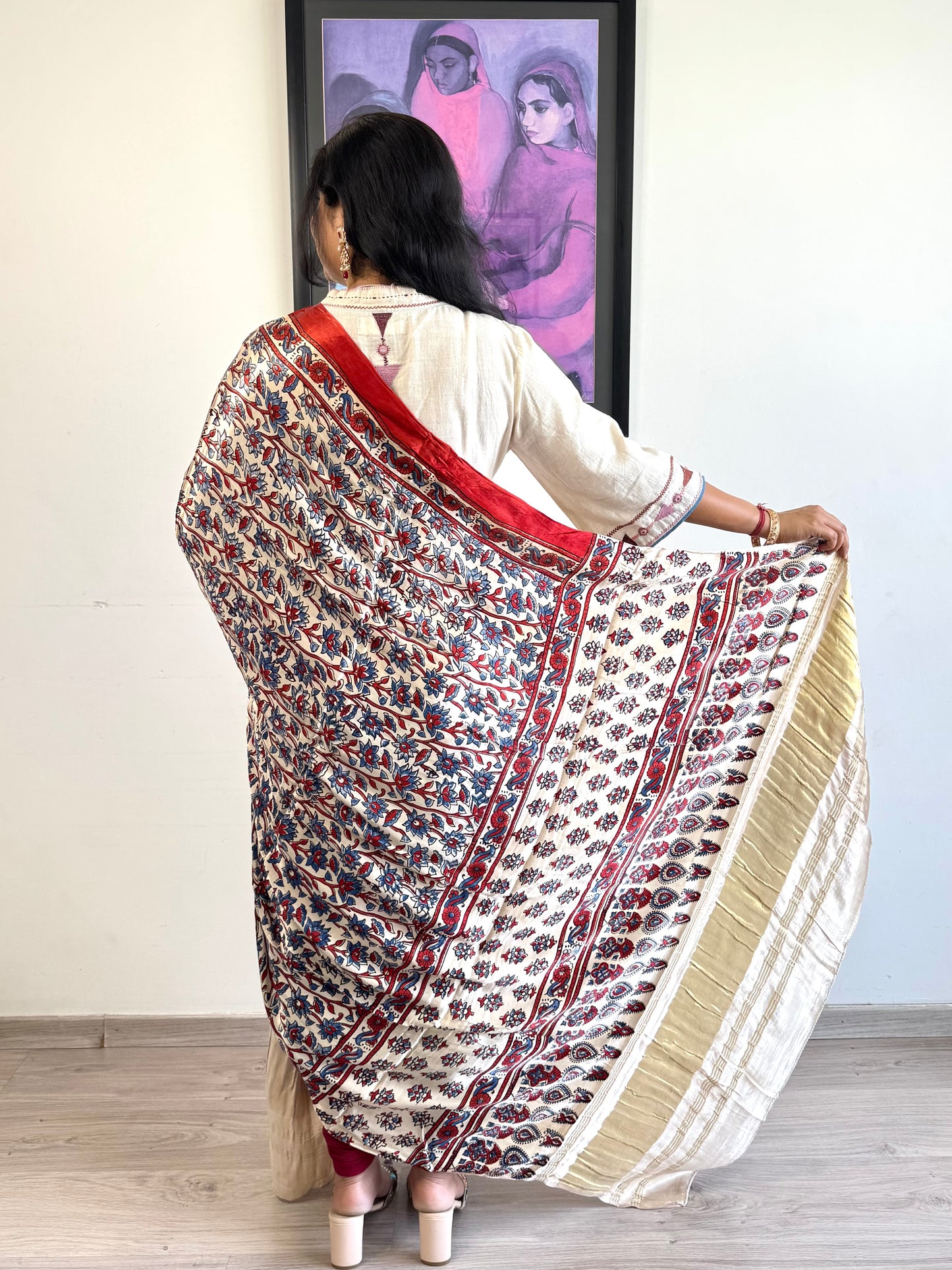 Modal Silk Ajrakh Dupatta ~ Ivory White Flower Motif w/ Zari