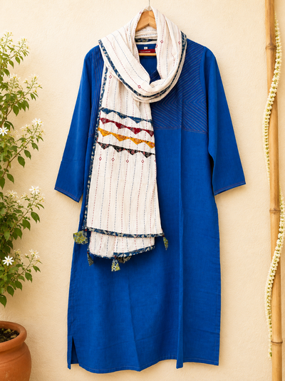 Masakali ~ Navy Blue Cotton Kantha Kurti & Dupatta Set