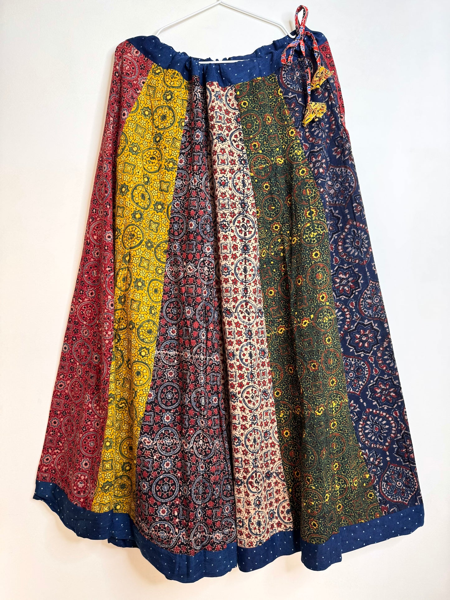🌻Navrang ~ Ajrakh Handcrafted Lehengas ~ Multicolor Pleads w/ blue polka border
