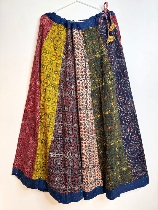 🌻Navrang ~ Ajrakh Handcrafted Lehengas ~ Multicolor Pleads w/ blue polka border