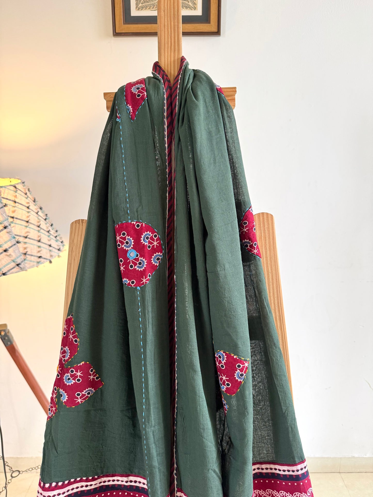 𓂃ོ⋆☀︎𓂃ᨒོ Ajrakh, Applique & Kantha Embroidered Dupatta ~ Olive Green w/ Ruby Flowers𑁍ࠬ