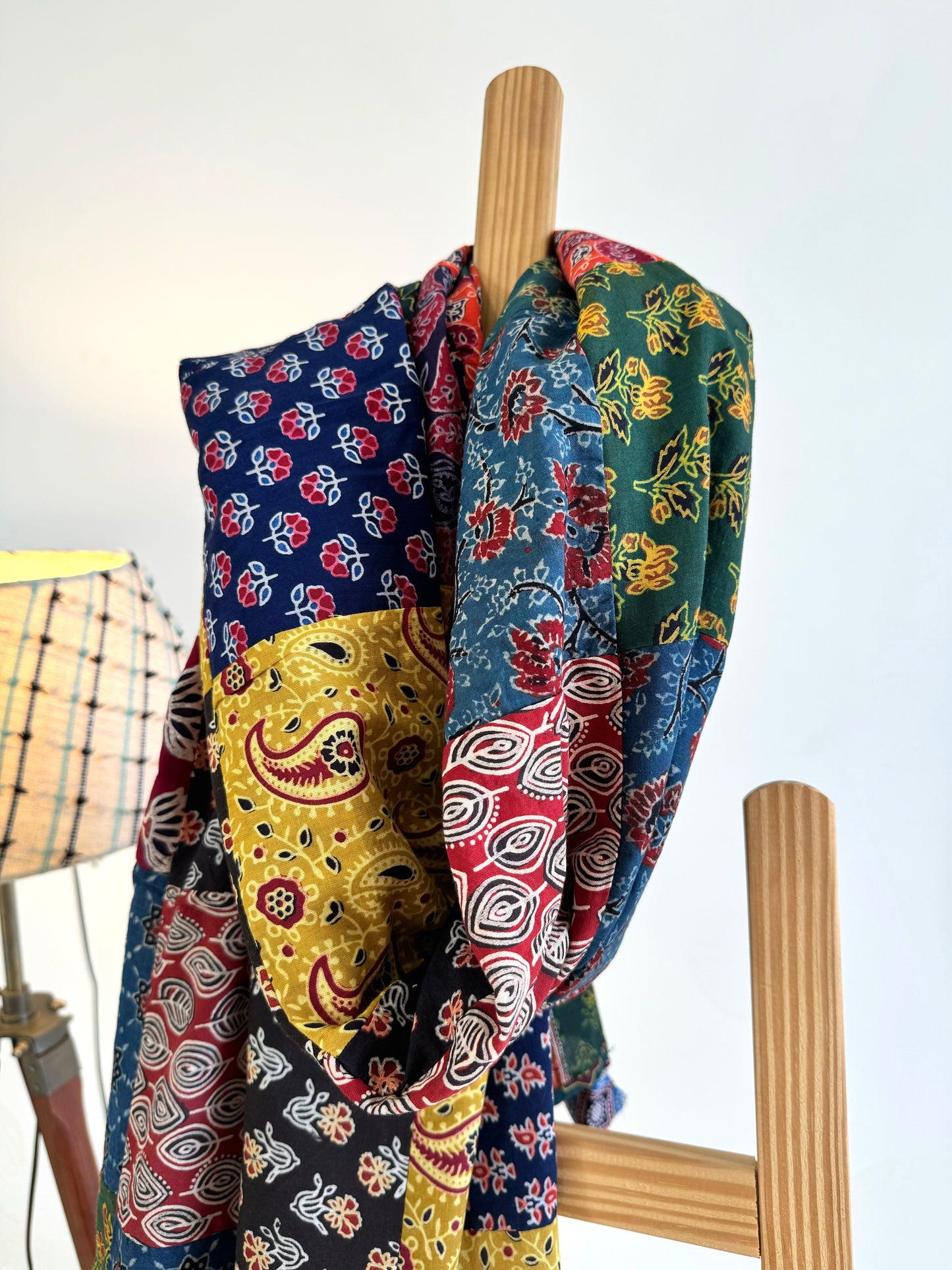 Ajrakh Applique & Kantha Embroidered Dupatta ~ Multicolored Chequered