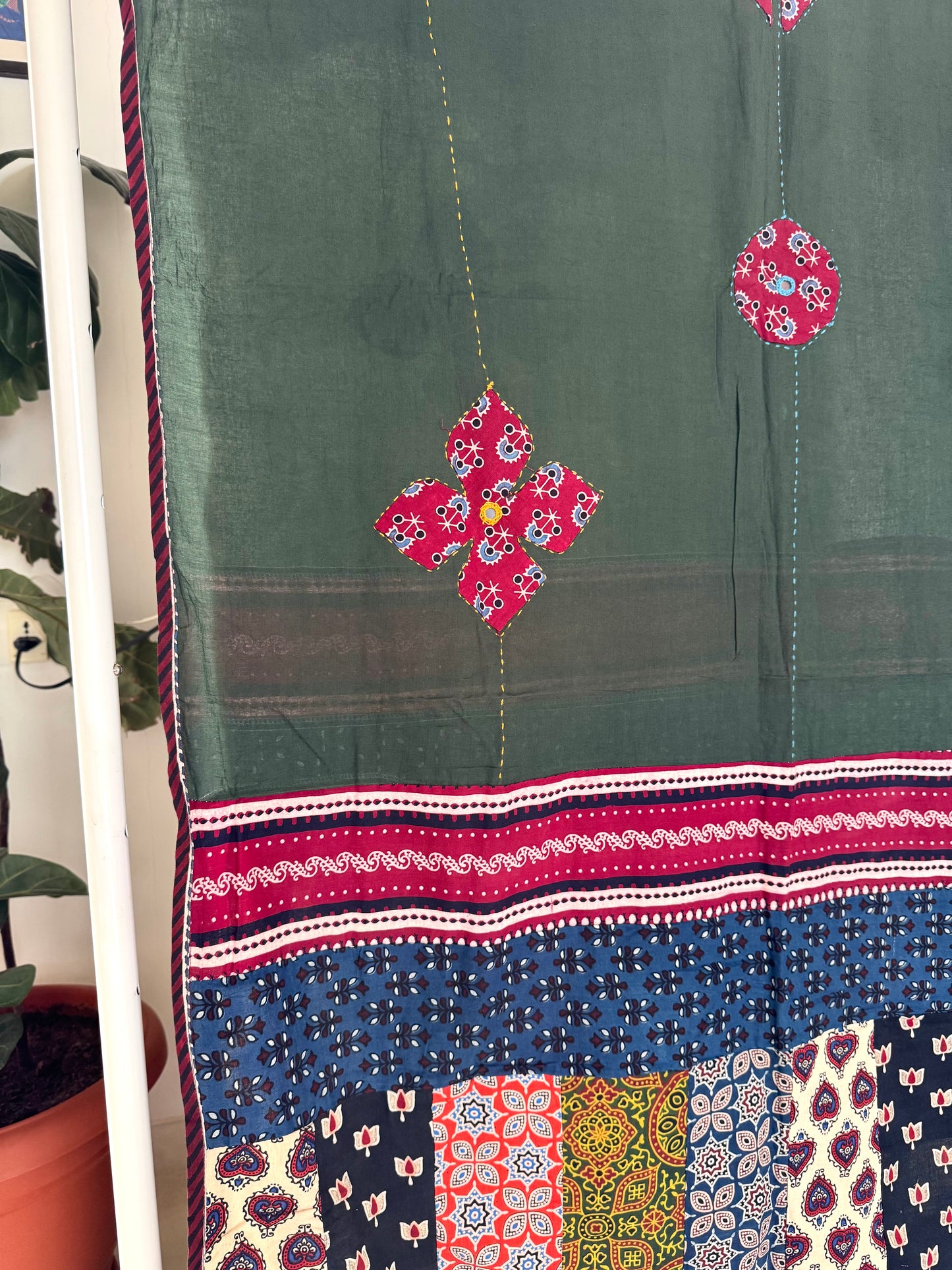 𓂃ོ⋆☀︎𓂃ᨒོ Ajrakh, Applique & Kantha Embroidered Dupatta ~ Olive Green w/ Ruby Flowers𑁍ࠬ