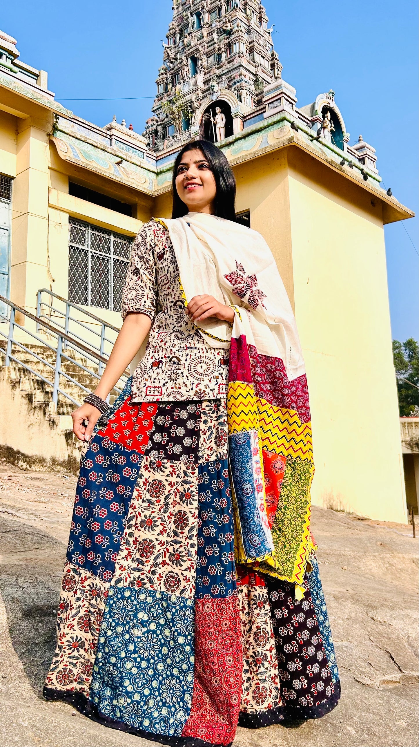 ✨Navrang ~ Ajrakh Skirt and Dupatta Set ~ White w/ Multicolor