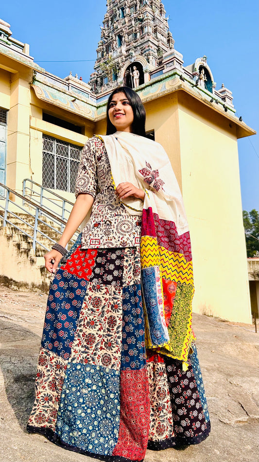 ✨Navrang ~ Ajrakh Skirt and Dupatta Set ~ White w/ Multicolor