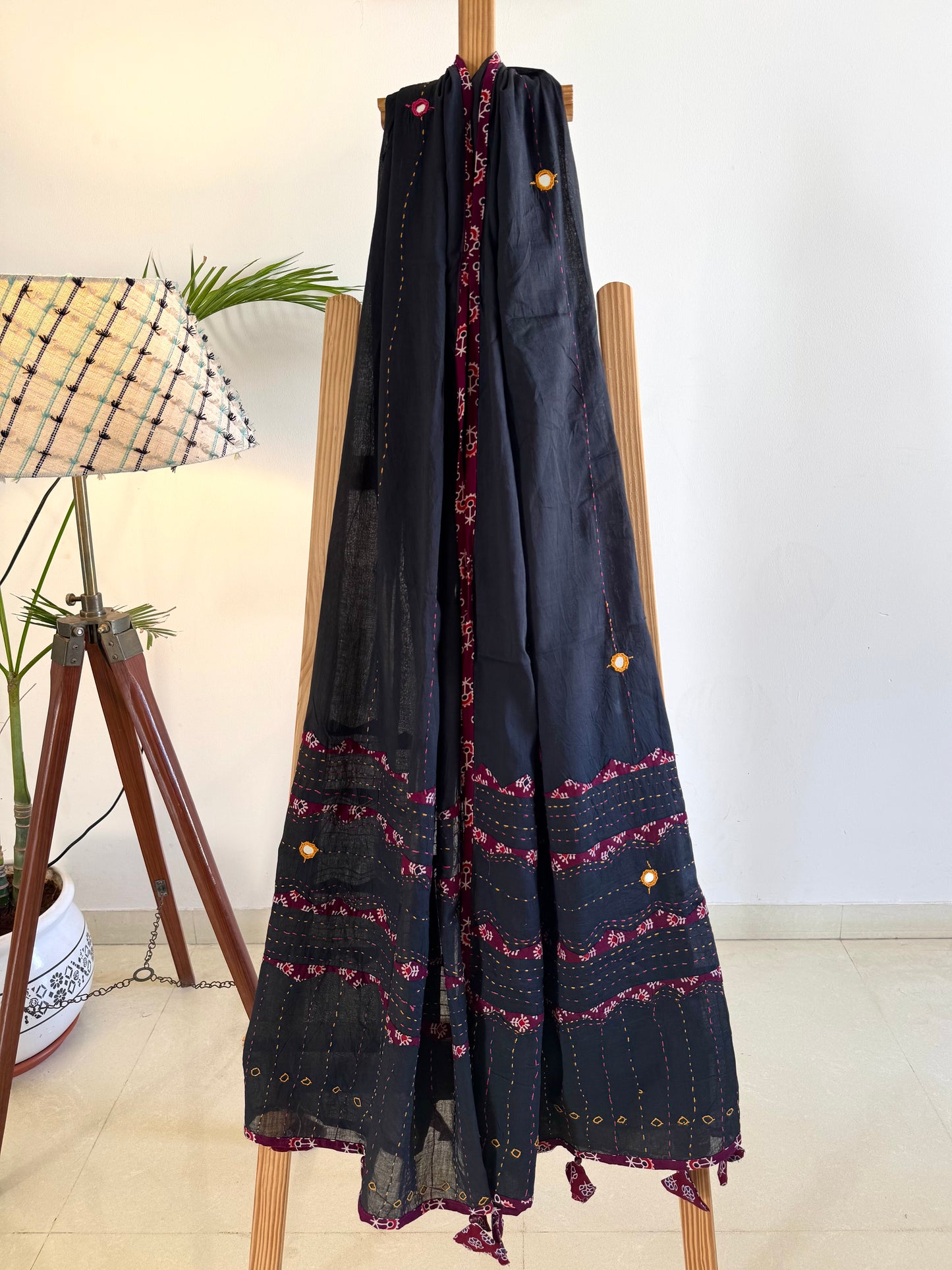 Ajrakh Applique & Kantha Embroidered Dupatta ~ Black & Red