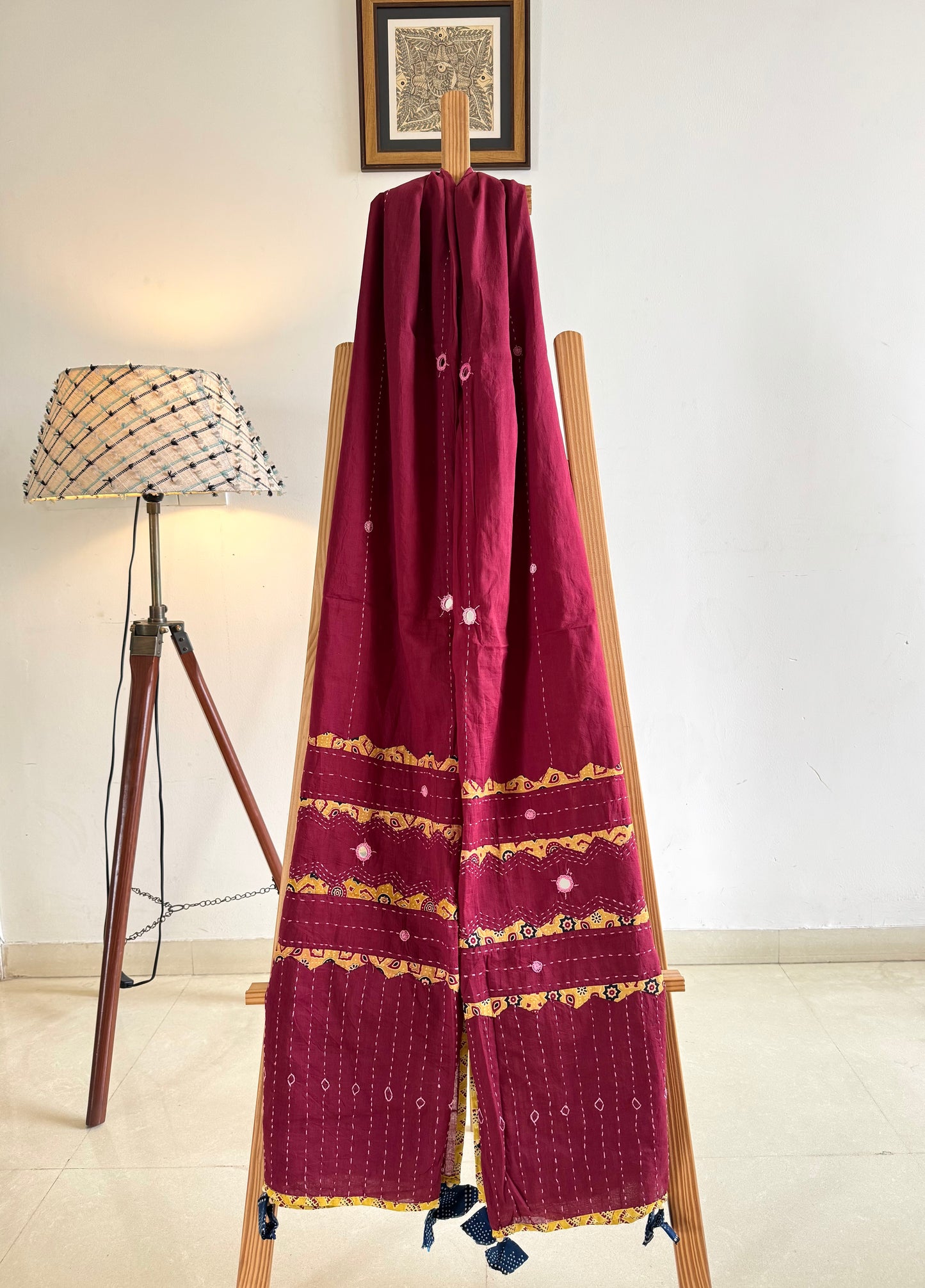 Ajrakh Applique & Kantha Embroidered Dupatta ~ Deep Red with Yellow Kantha Work