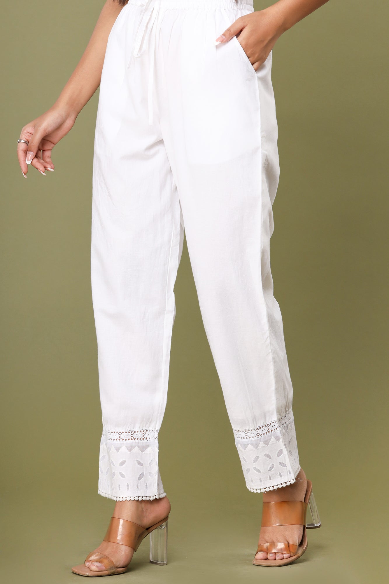Pearl White ~ Appliqué Laced Cut Pant