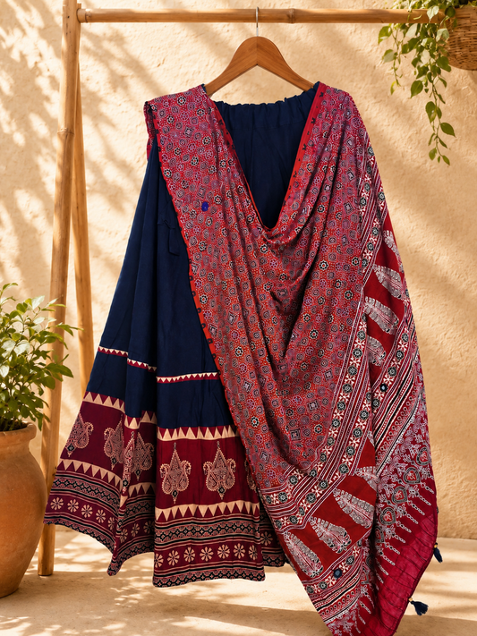 ⚜ Dharohar ~ Royal Blue & Maroon Ajrakh Lehenga & Dupatta Set