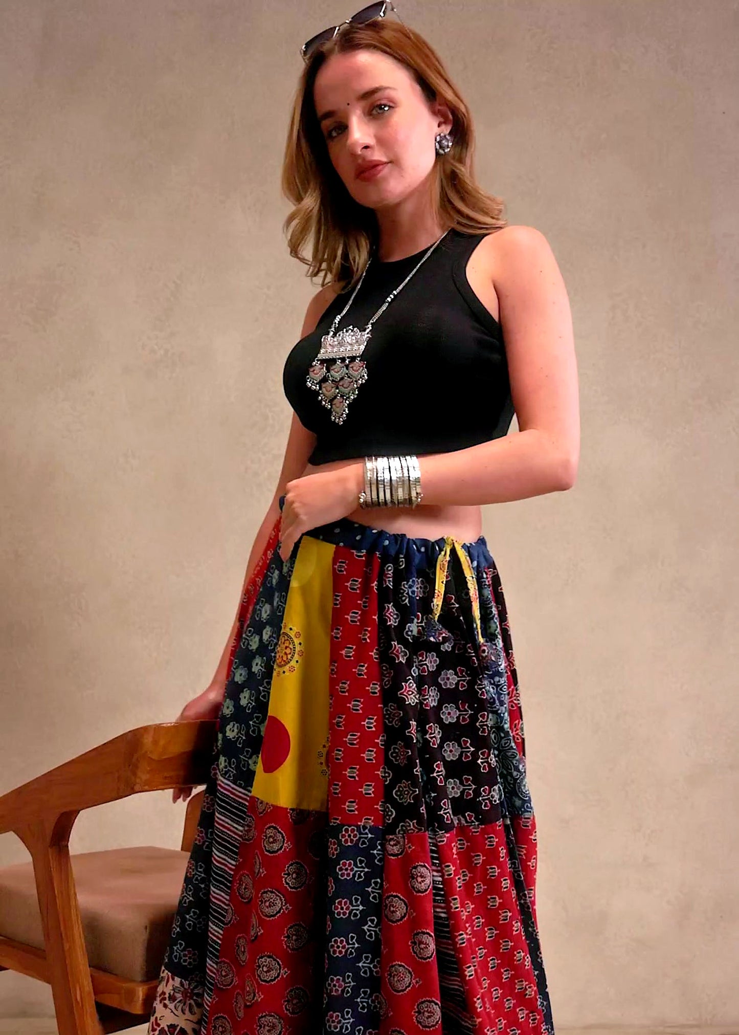 🌻Navrang ~ Ajrakh Long Skirt ~ Multicolor w/ blue polka dots