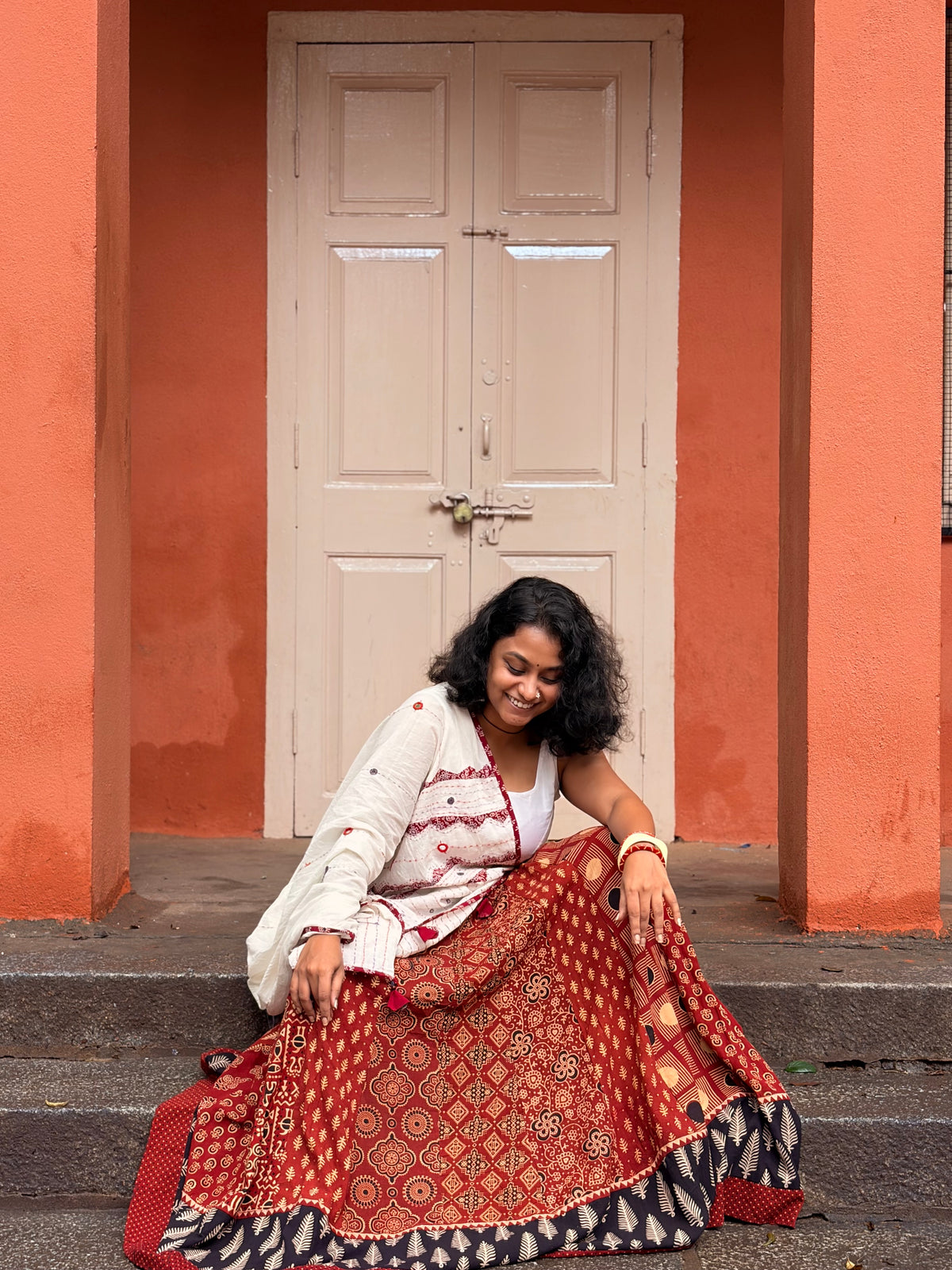 ⚜️ Dharohar ~ Mehrun ~ Ajrakh Long Kali Skirt & Dupatta Set