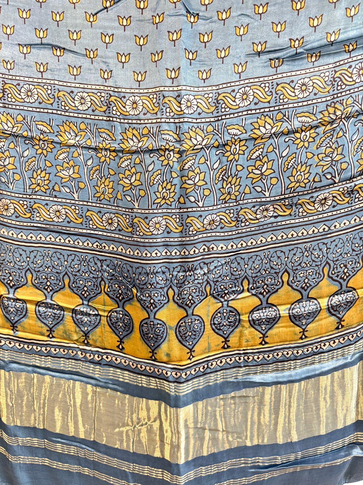 Modal Silk Ajrakh Dupatta ~ Metallic Blue Lotus motif w/ Zari