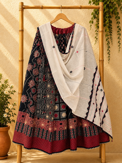 ⚜ Dharohar ~ Aakriti Ajrakh Lehenga & Dupatta Set