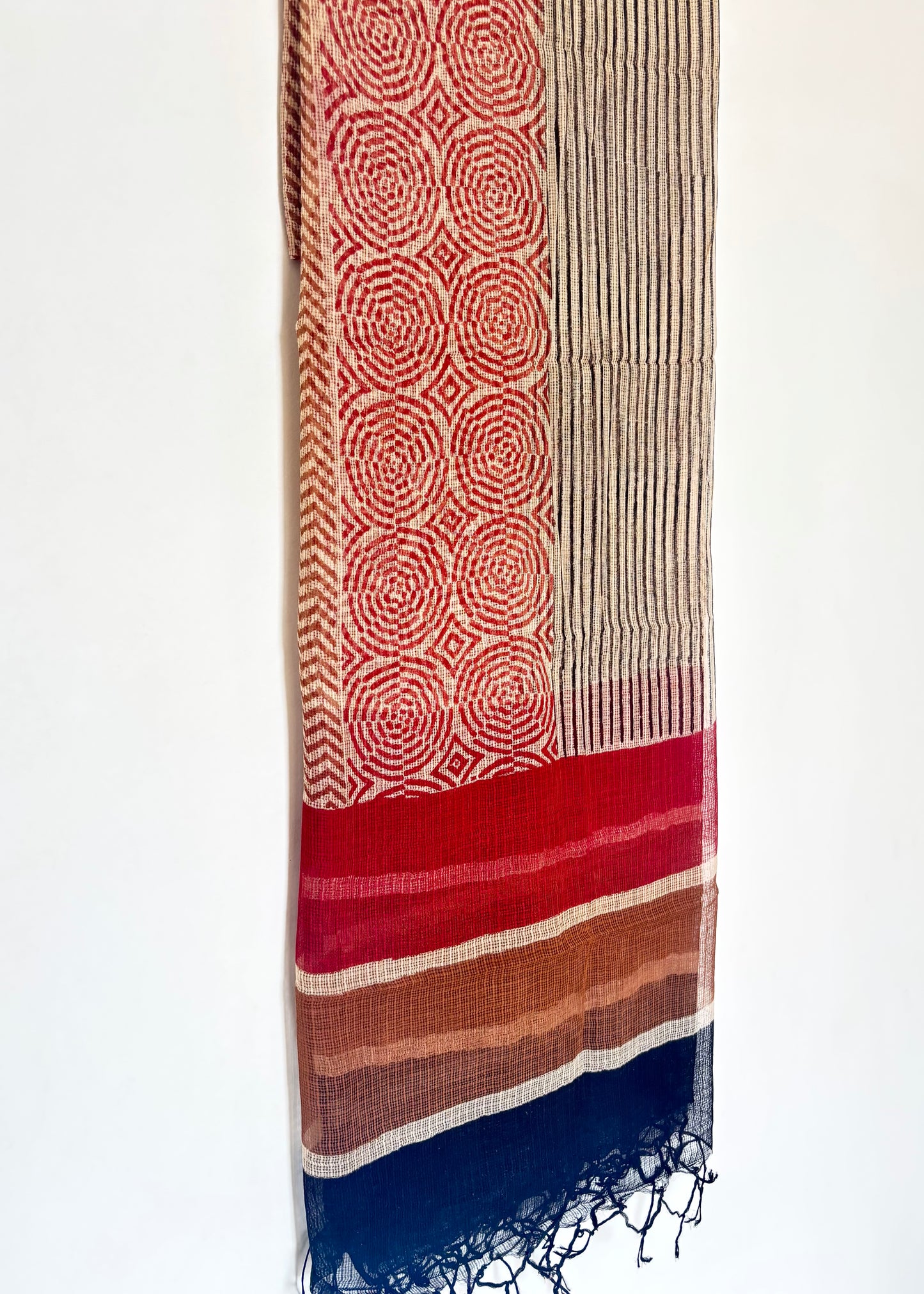 Kota Doria Bagru Handblock Dupatta ~ Beige w/ Red circles