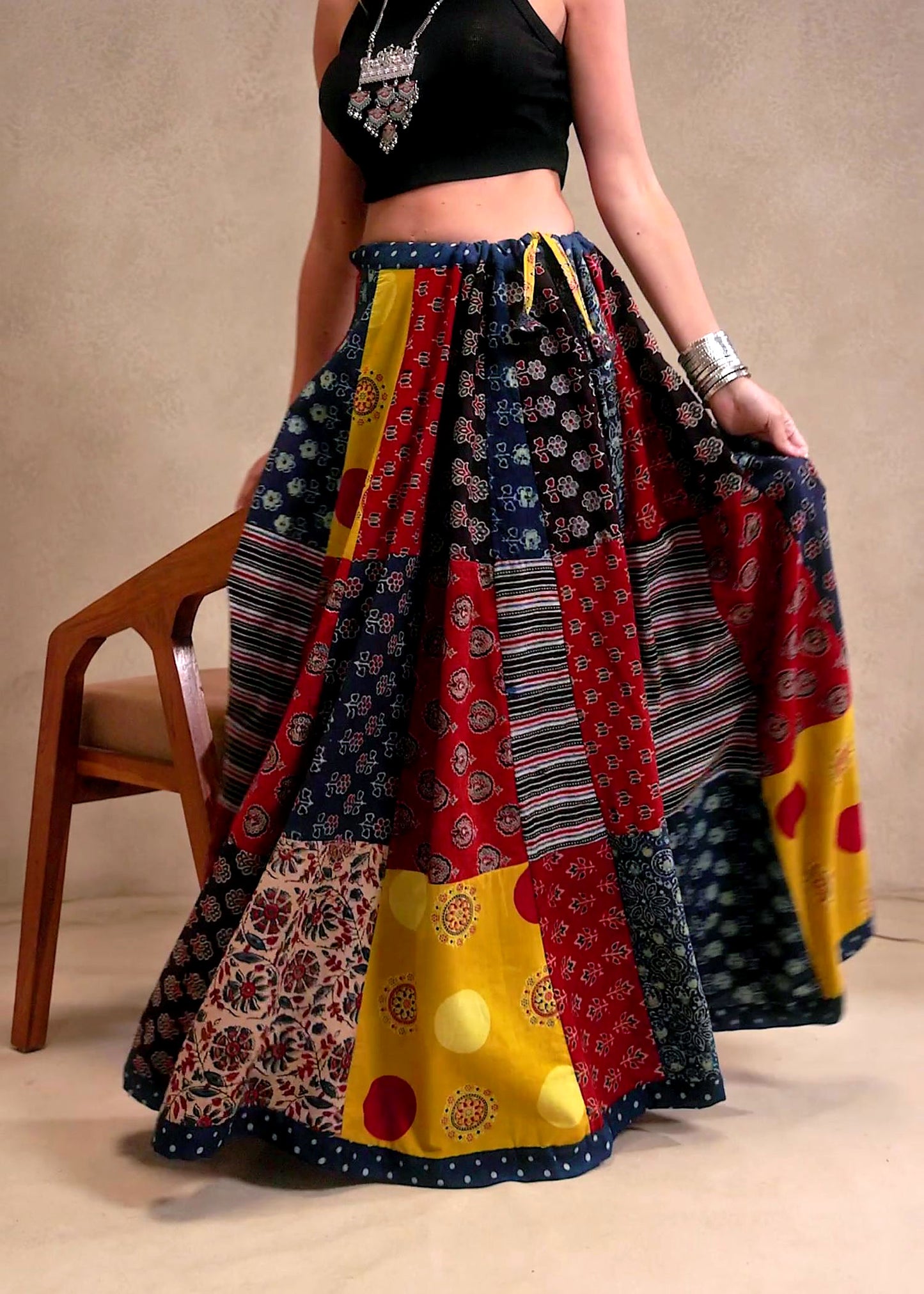 🌻Navrang ~ Ajrakh Long Skirt ~ Multicolor w/ blue polka dots