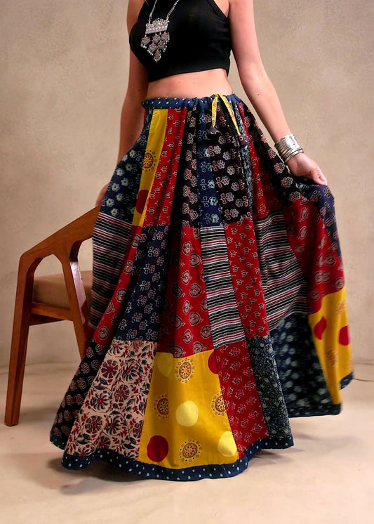 🌻Navrang ~ Ajrakh Long Skirt ~ Multicolor w/ blue polka dots