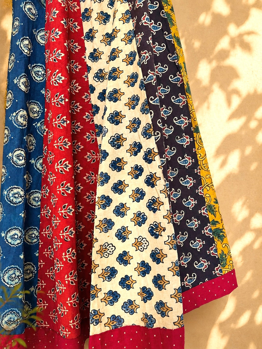 🌻Navrang ~ Ajrakh Long Skirt ~ Multicolor w/ red polka dots