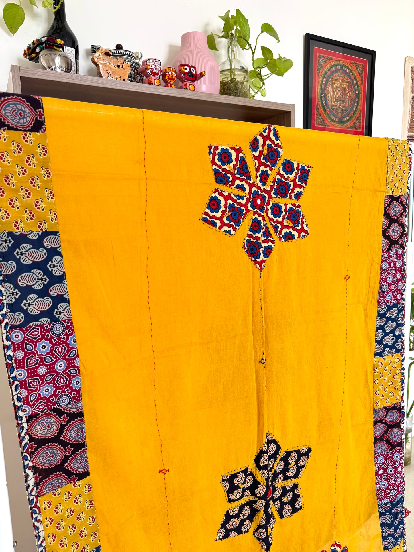 𓂃ོ⋆☀︎𓂃ᨒོ Ajrakh, Applique & Kantha Embroidered Dupatta ~ Amber Yellow 𑁍ࠬ