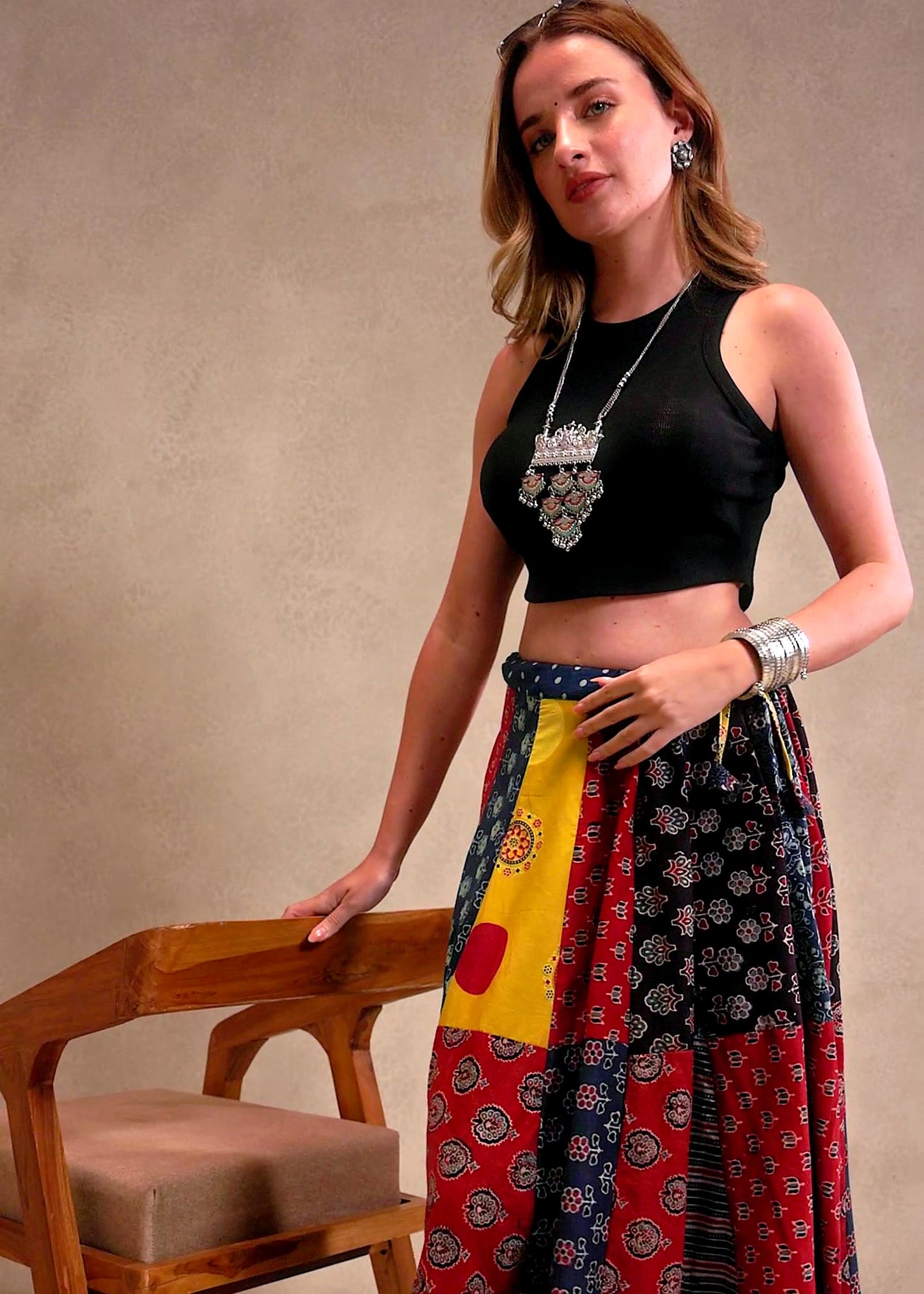 🌻Navrang ~ Ajrakh Long Skirt ~ Multicolor w/ blue polka dots