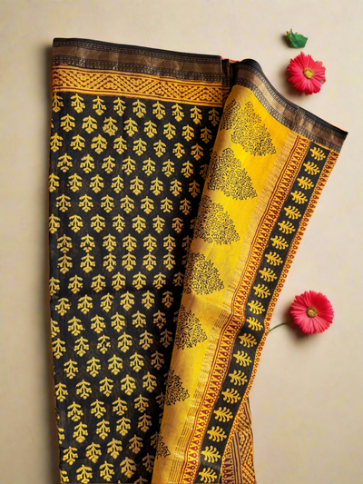 Clover Princess - Yellow & Black Maheshwari Saree