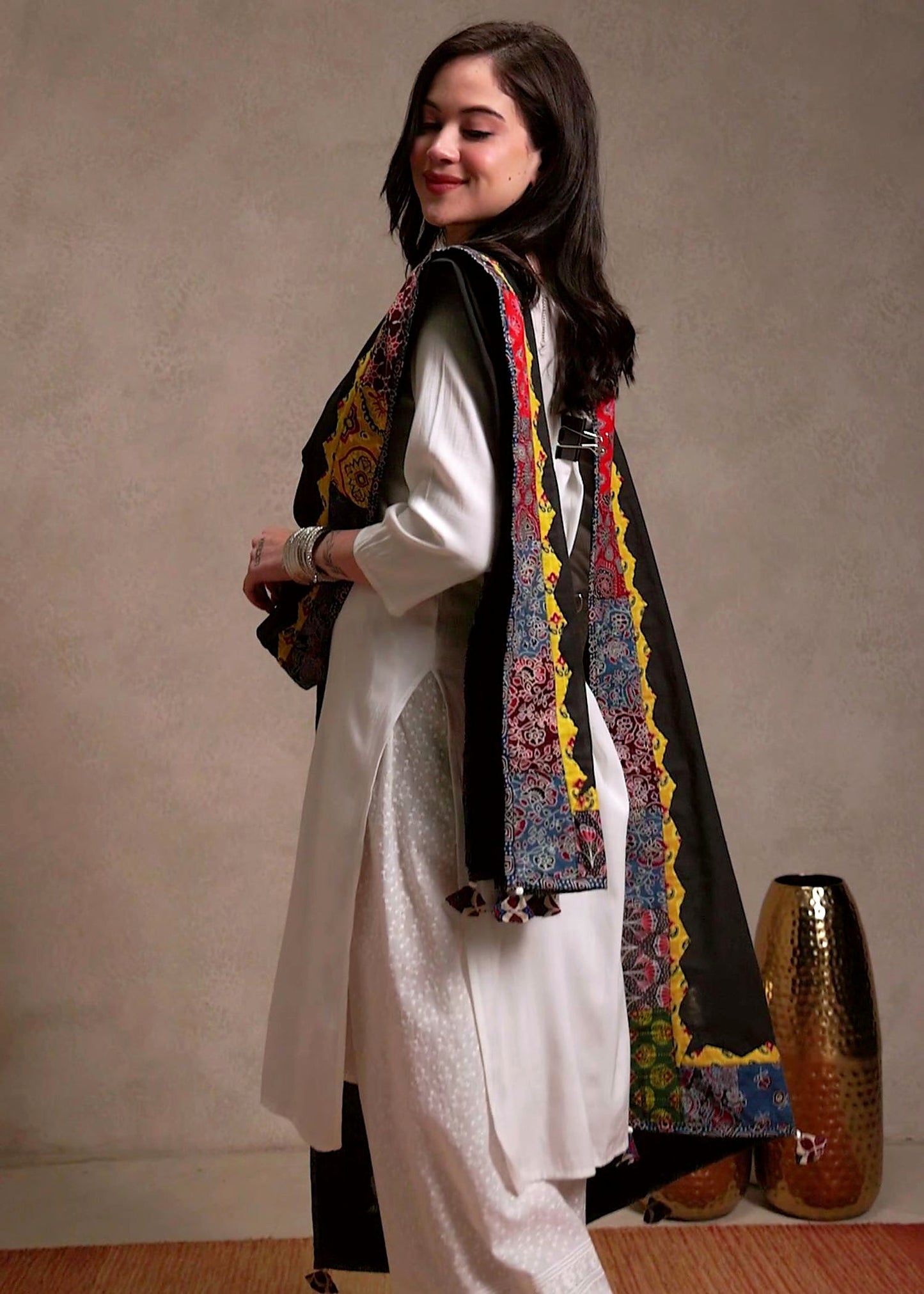 Ajrakh Applique & Kantha Embroidered Dupatta ~ Raven Black & Yellow