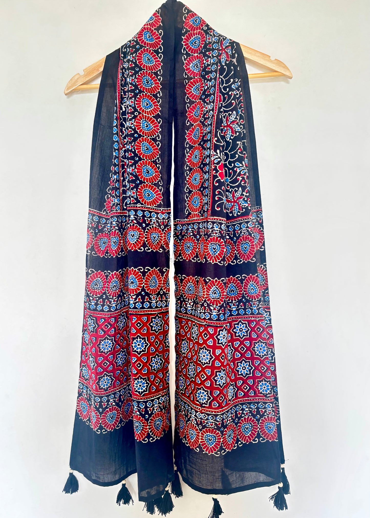 Raahi🌻Ajrakh Cotton Stoles ~ black and metallic blue w/ motifs
