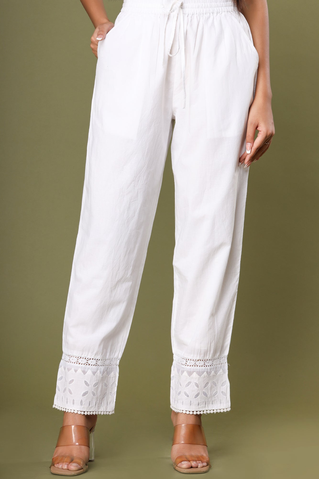 Pearl White ~ Appliqué Laced Cut Pant