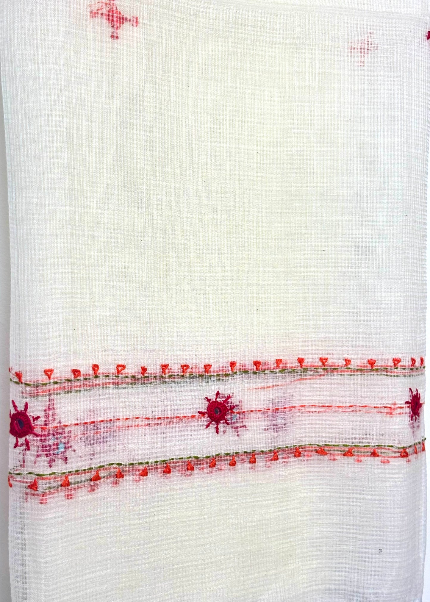 Kota Doria Hand Embroidered Dupatta ~ Beige w/ red flowers